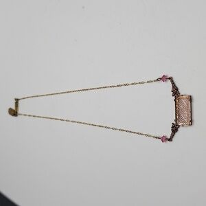 Art Nouveau Necklace Pididdly Links Kingston NY Pink Carved Glass Brass 14" VTG